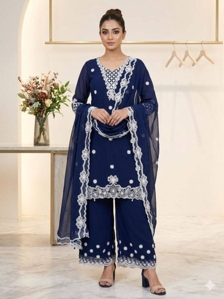 Accessible Blue Georgette Palazzo Suit with Sequence Embroidery For Party Wear  Ready To Wear Collection
