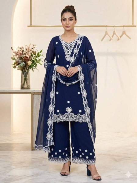 Accessible Blue Georgette Palazzo Suit with Sequence Embroidery For Party Wear  Ready To Wear Collection