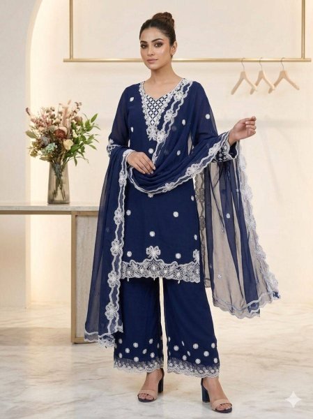Accessible Blue Georgette Palazzo Suit with Sequence Embroidery For Party Wear  Ready To Wear Collection
