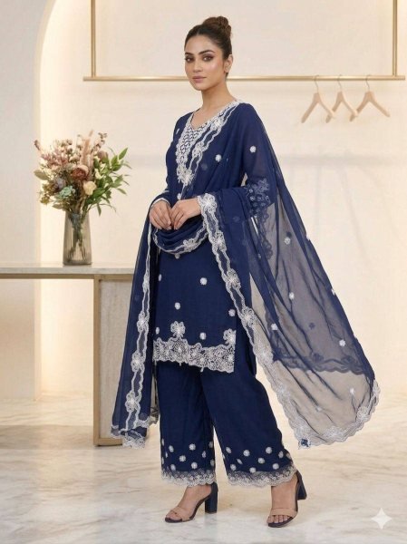 Accessible Blue Georgette Palazzo Suit with Sequence Embroidery For Party Wear  Ready To Wear Collection