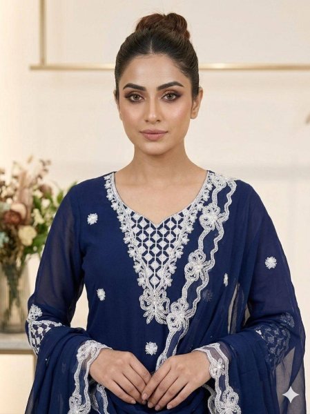Accessible Blue Georgette Palazzo Suit with Sequence Embroidery For Party Wear  Ready To Wear Collection