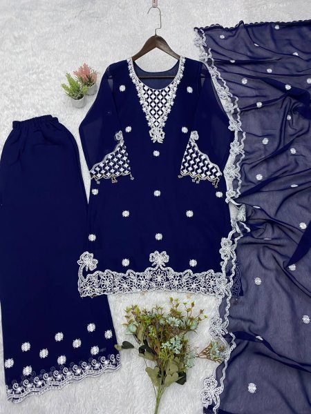 Accessible Blue Georgette Palazzo Suit with Sequence Embroidery For Party Wear  Ready To Wear Collection