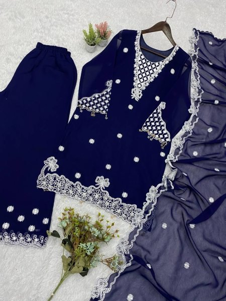 Accessible Blue Georgette Palazzo Suit with Sequence Embroidery For Party Wear  Ready To Wear Collection