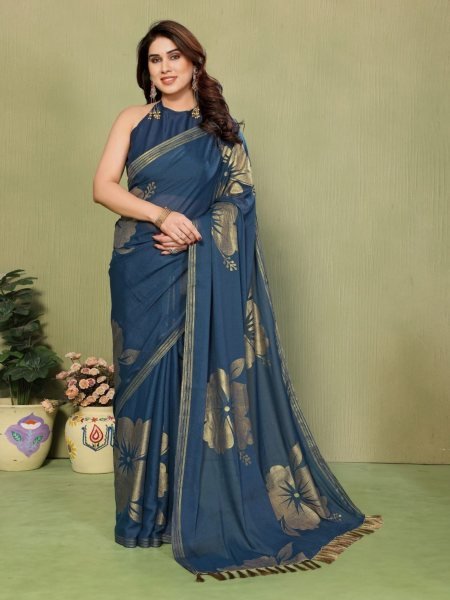 Accessible Blue Star Georgette Silk Saree with Foil Work and Zalar Lace at Wholesale Rate Sarees 