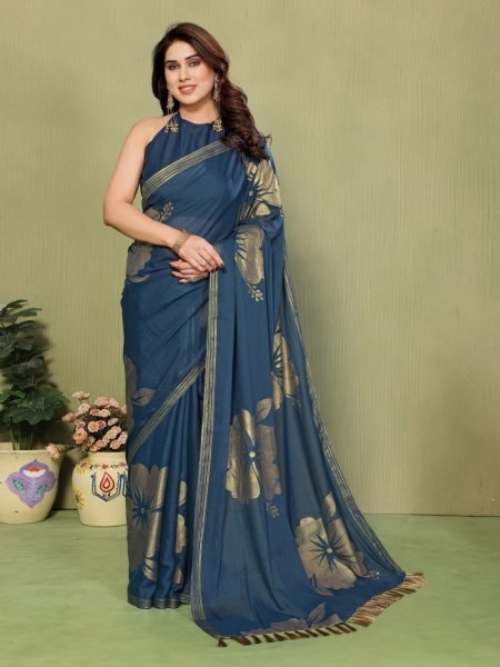 Accessible Blue Star Georgette Silk Saree with Foil Work and Zalar Lace  Silk Sarees Wholesale