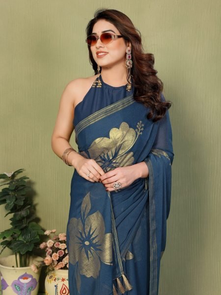Accessible Blue Star Georgette Silk Saree with Foil Work and Zalar Lace  Silk Sarees Wholesale