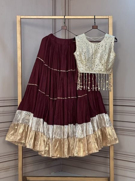 Accessible Brown Designer Gold Organza Blouse with Rayon Navratri Lehenga at Export 