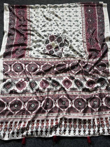 Accessible Cream Semi Silk Saree with Real Mirror and Pompom Pallu Design Printed Cotton Sarees Wholesale