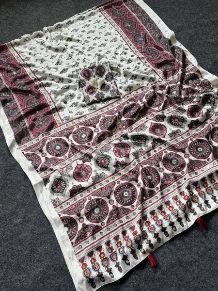 Accessible Cream Semi Silk Saree with Real Mirror and Pompom Pallu Design Printed Cotton Sarees Wholesale