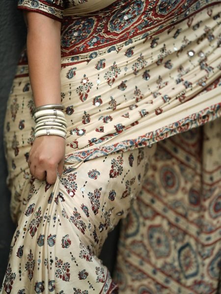 Accessible Cream Semi Silk Saree with Real Mirror and Pompom Pallu Design Printed Cotton Sarees Wholesale