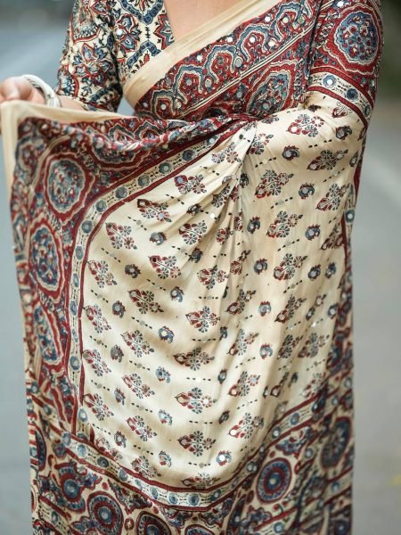 Accessible Cream Semi Silk Saree with Real Mirror and Pompom Pallu Design Printed Cotton Sarees Wholesale