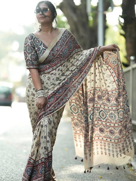 Accessible Cream Semi Silk Saree with Real Mirror and Pompom Pallu Design Printed Cotton Sarees Wholesale
