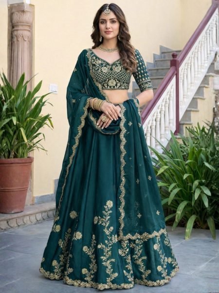 Accessible Dark Green Georgette Lehenga Choli with Antique Gold Zari Embroidery Designer Lehenga Choli