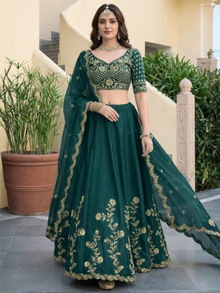 Accessible Dark Green Georgette Lehenga Choli with Antique Gold Zari Embroidery Designer Lehenga Choli