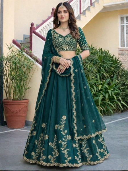 Accessible Dark Green Georgette Lehenga Choli with Antique Gold Zari Embroidery Designer Lehenga Choli