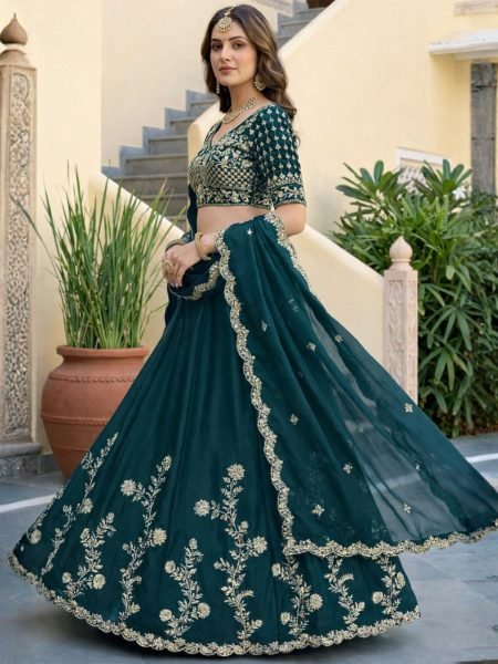 Accessible Dark Green Georgette Lehenga Choli with Antique Gold Zari Embroidery Designer Lehenga Choli