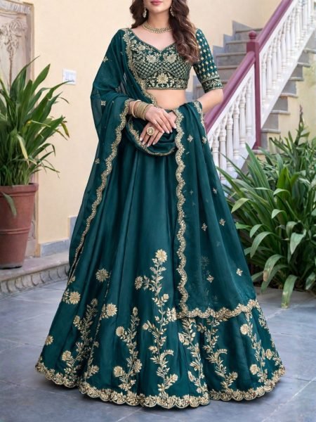 Accessible Dark Green Georgette Lehenga Choli with Antique Gold Zari Embroidery Designer Lehenga Choli