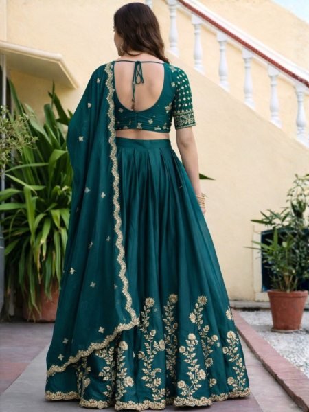 Accessible Dark Green Georgette Lehenga Choli with Antique Gold Zari Embroidery Designer Lehenga Choli