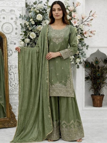 Accessible Green Frendy Silk Top Palazzo Set with Dupatta for Women