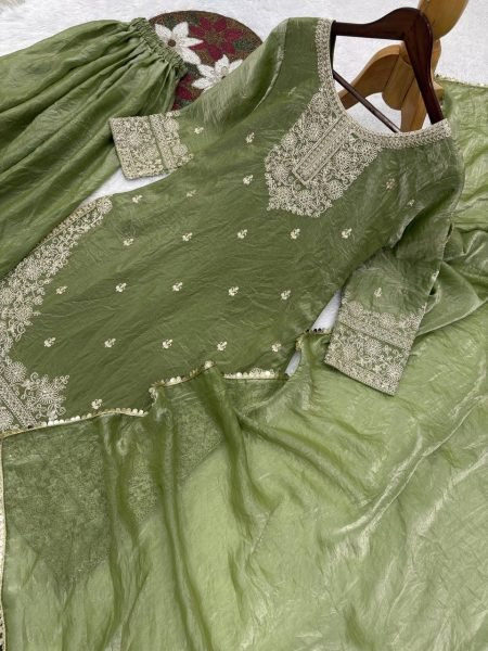 Accessible Green Frendy Silk Top Palazzo Set with Dupatta for Women Ready To Wear Collection
