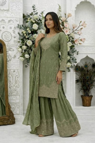 Accessible Green Frendy Silk Top Palazzo Set with Dupatta for Women Ready To Wear Collection