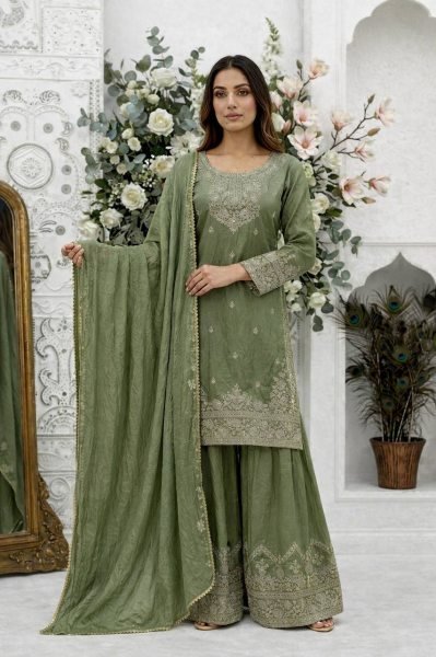 Accessible Green Frendy Silk Top Palazzo Set with Dupatta for Women Ready To Wear Collection