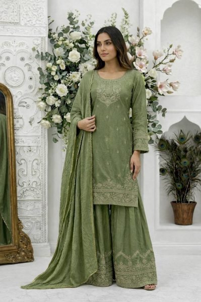 Accessible Green Frendy Silk Top Palazzo Set with Dupatta for Women Ready To Wear Collection