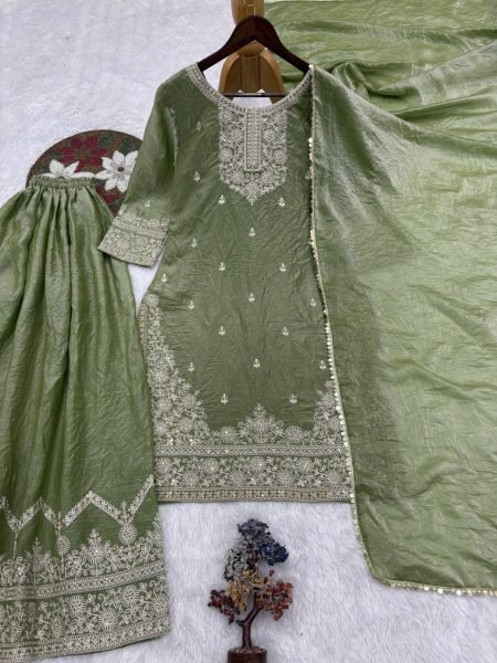 Accessible Green Frendy Silk Top Palazzo Set with Dupatta for Women Ready To Wear Collection