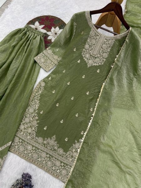 Accessible Green Frendy Silk Top Palazzo Set with Dupatta for Women Ready To Wear Collection