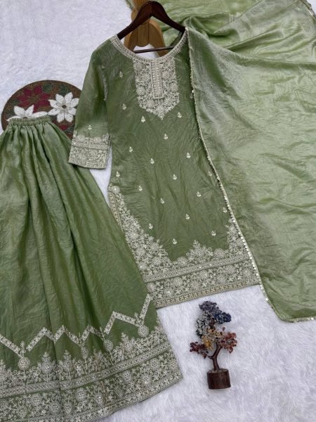 Accessible Green Frendy Silk Top Palazzo Set with Dupatta for Women Ready To Wear Collection