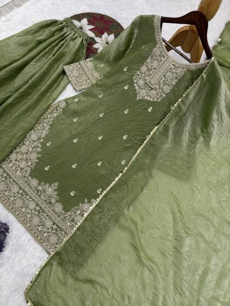 Accessible Green Frendy Silk Top Palazzo Set with Dupatta for Women Ready To Wear Collection
