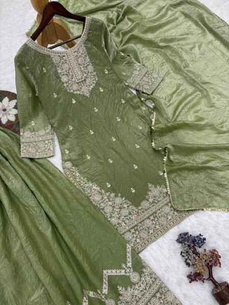 Accessible Green Frendy Silk Top Palazzo Set with Dupatta for Women Ready To Wear Collection
