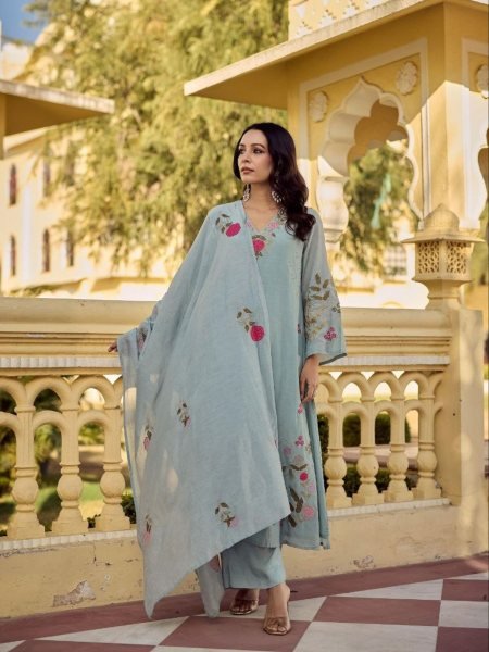 Accessible Grey Chanderi Silk Outfit with Embroidery Work for Women Kurtis