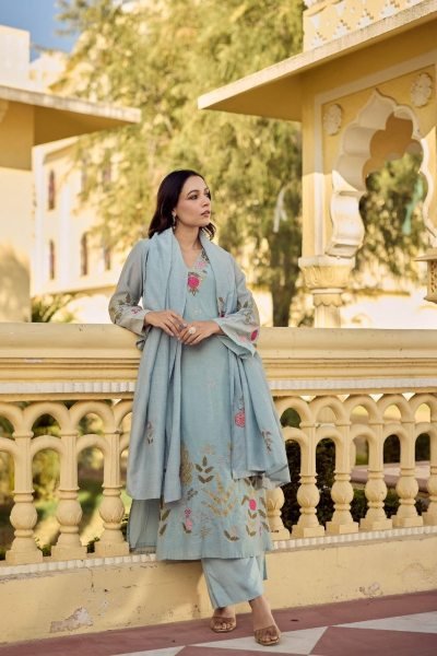 Accessible Grey Chanderi Silk Outfit with Embroidery Work for Women Embroidery Kurtis 