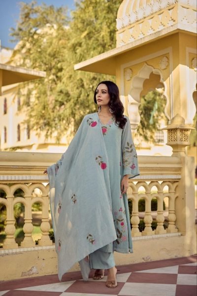 Accessible Grey Chanderi Silk Outfit with Embroidery Work for Women Embroidery Kurtis 
