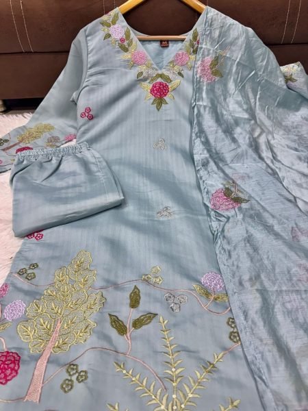 Accessible Grey Chanderi Silk Outfit with Embroidery Work for Women Embroidery Kurtis 