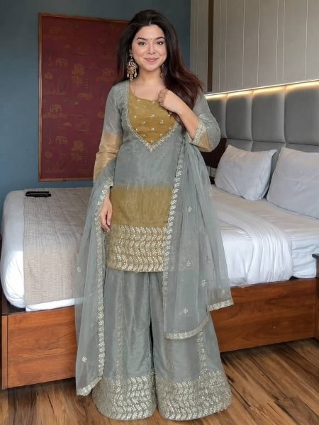 Accessible Grey GMY Silk Embroidered Palazzo Suit with Digital Print Dupatta Ready To Wear Suit