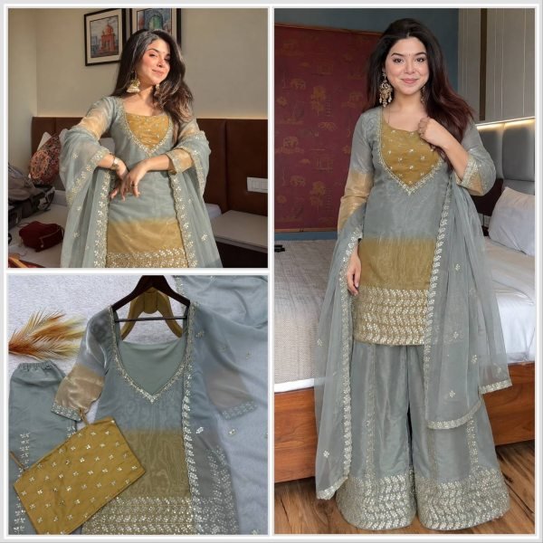Accessible Grey GMY Silk Embroidered Palazzo Suit with Digital Print Dupatta Ready To Wear Collection
