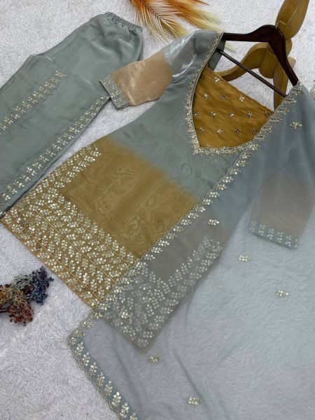Accessible Grey GMY Silk Embroidered Palazzo Suit with Digital Print Dupatta Ready To Wear Collection