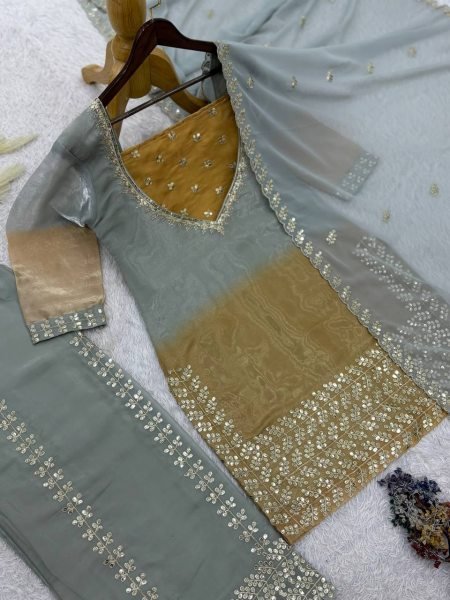 Accessible Grey GMY Silk Embroidered Palazzo Suit with Digital Print Dupatta Ready To Wear Collection