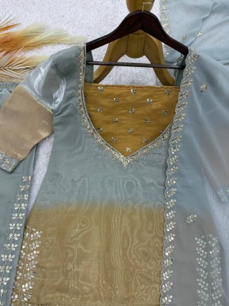 Accessible Grey GMY Silk Embroidered Palazzo Suit with Digital Print Dupatta Ready To Wear Collection