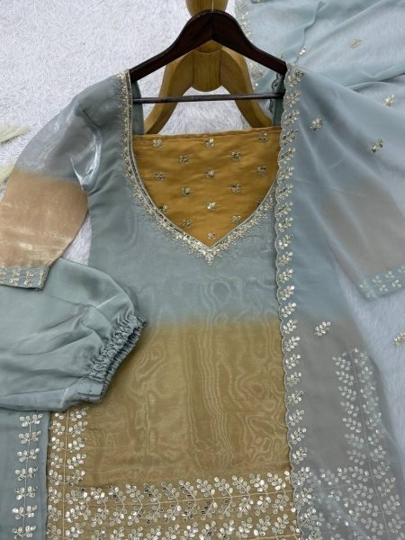 Accessible Grey GMY Silk Embroidered Palazzo Suit with Digital Print Dupatta Ready To Wear Collection