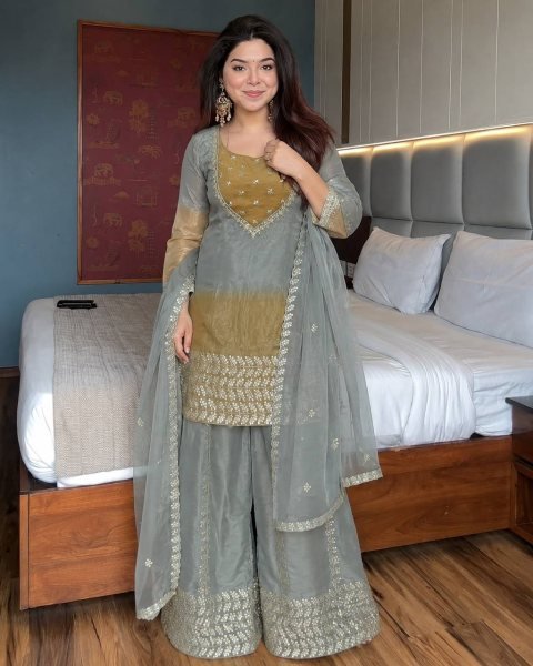 Accessible Grey GMY Silk Embroidered Palazzo Suit with Digital Print Dupatta Ready To Wear Collection