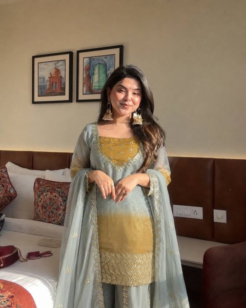 Accessible Grey GMY Silk Embroidered Palazzo Suit with Digital Print Dupatta Ready To Wear Collection
