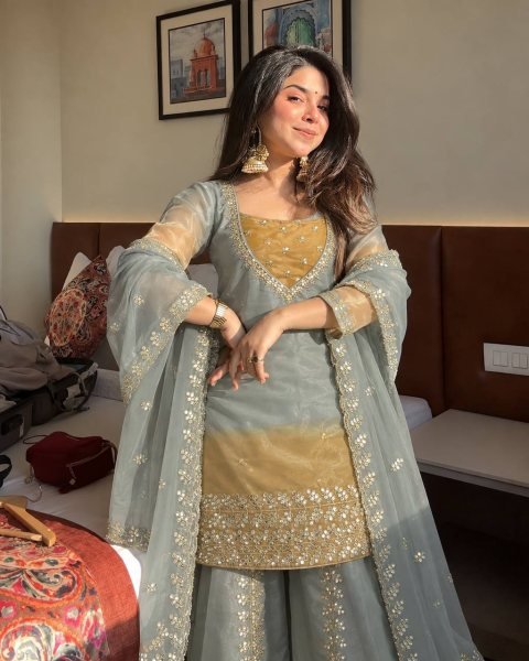 Accessible Grey GMY Silk Embroidered Palazzo Suit with Digital Print Dupatta Ready To Wear Collection