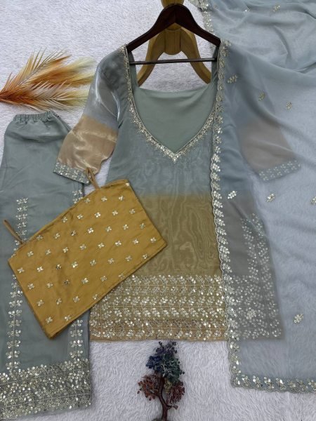 Accessible Grey GMY Silk Embroidered Palazzo Suit with Digital Print Dupatta Ready To Wear Collection