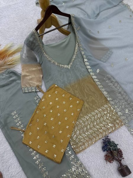 Accessible Grey GMY Silk Embroidered Palazzo Suit with Digital Print Dupatta Ready To Wear Collection