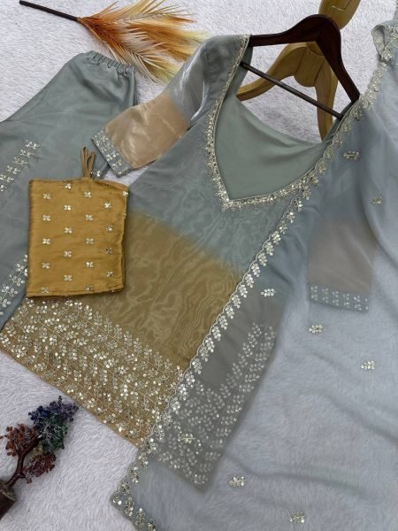 Accessible Grey GMY Silk Embroidered Palazzo Suit with Digital Print Dupatta Ready To Wear Collection