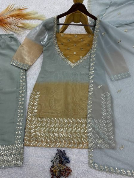 Accessible Grey GMY Silk Embroidered Palazzo Suit with Digital Print Dupatta Ready To Wear Collection