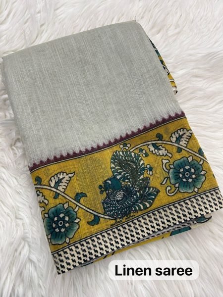 Accessible Grey Heavy Linen Printed Saree with Running Blouse and Fumka Pallu Printed Cotton Sarees Wholesale
